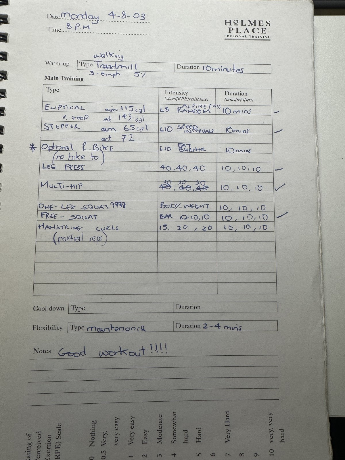 Handwritten training diary — Holmes Place, Monday 4 August 2003