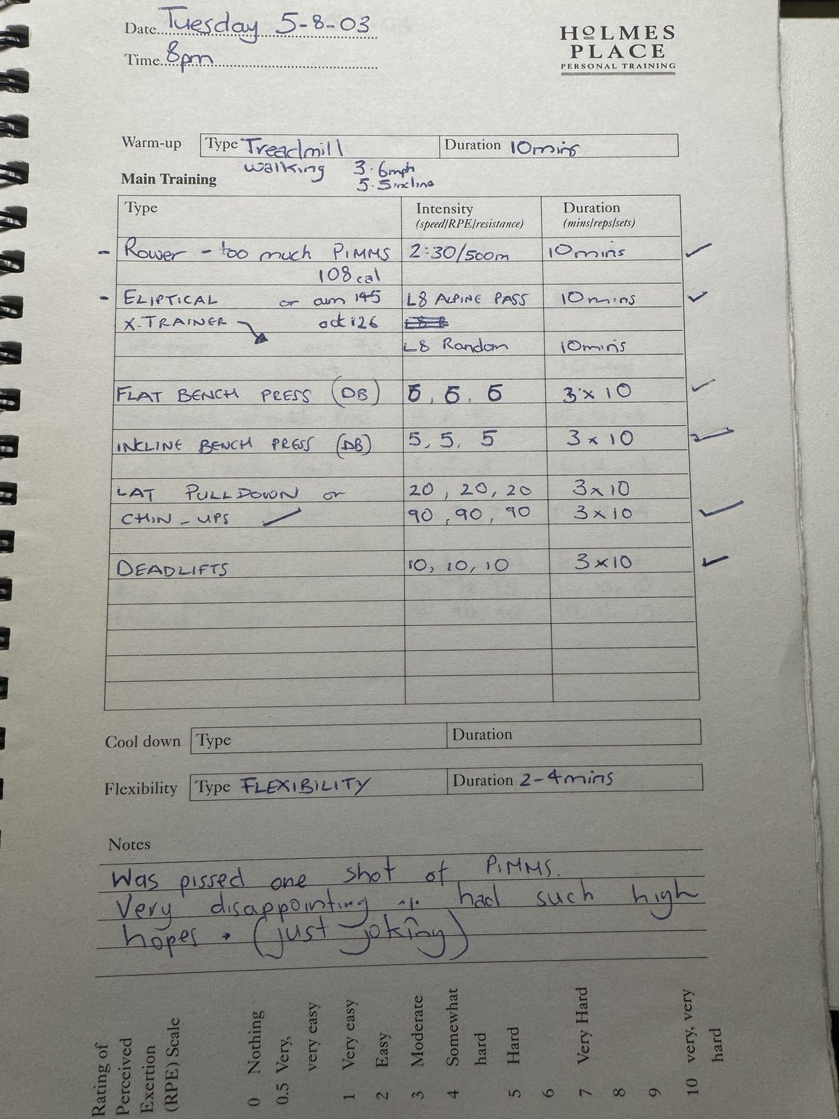 Handwritten training diary — Holmes Place, Tuesday 5 August 2003