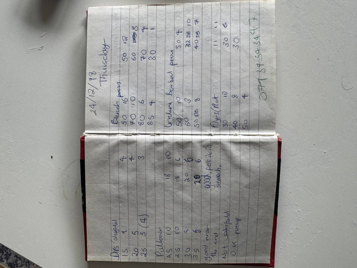 Handwritten training log — 24th December 1998, Christmas Eve