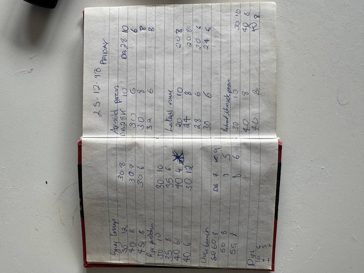 Handwritten training log — 25th December 1998, Christmas Day