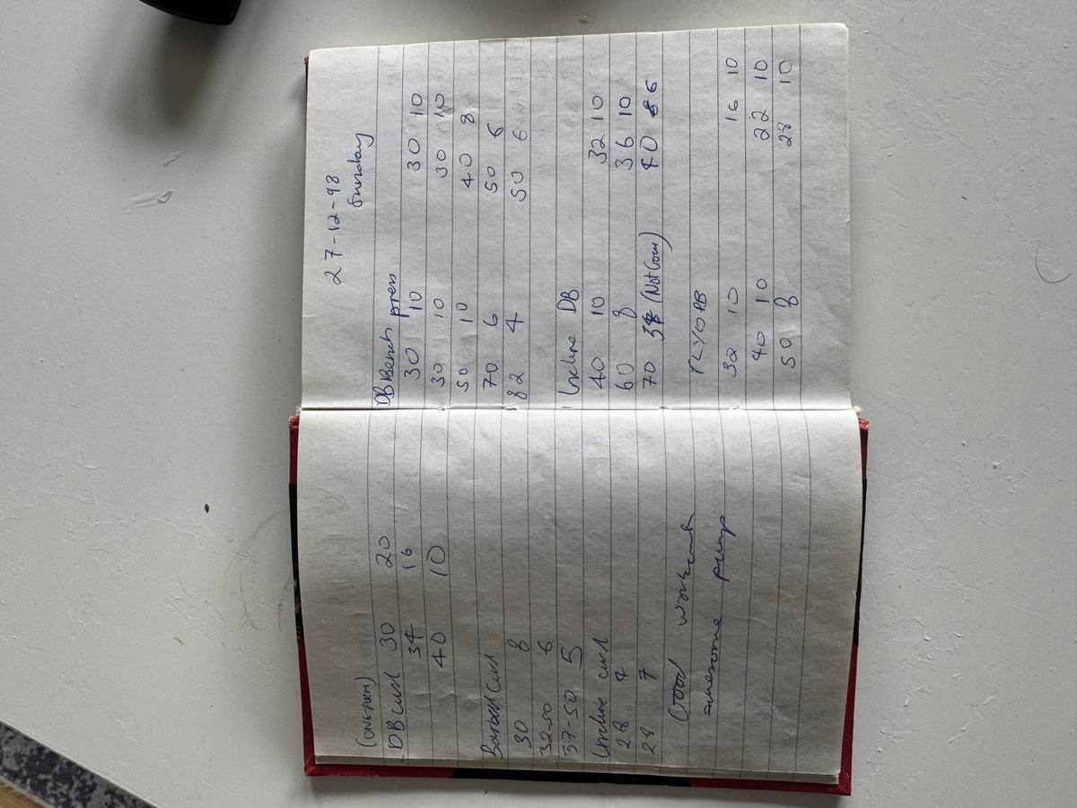 Handwritten training log — 27th December 1998, Sunday